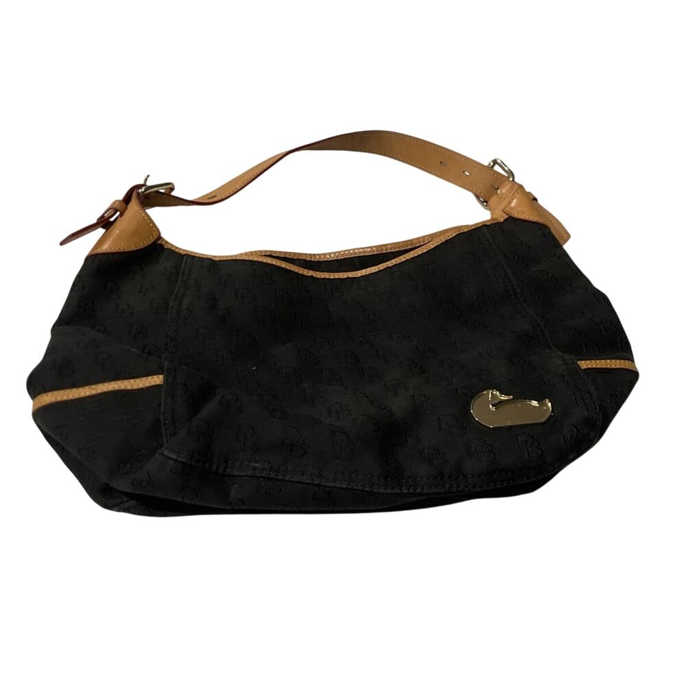 Dooney & Bourke Signature Jacquard Hobo Shoulder Bag Black Tan Leather Gold Duck